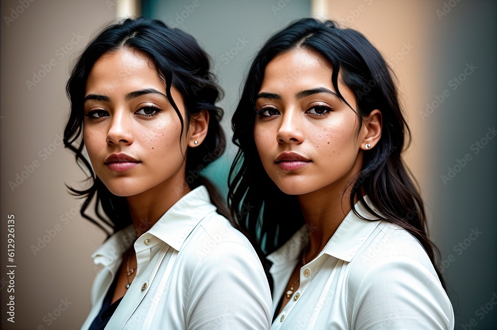 Two Attractive Asian or female coworkers with white blouse smiling standing in foreground, looking at the camera during a business meeting in meeting room. Generative AI