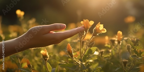 Woman's hand touching a beautiful field of yellow flowers in morning spring sunrise, Spring or summer nature scene with blooming flower in sun glare, generative ai