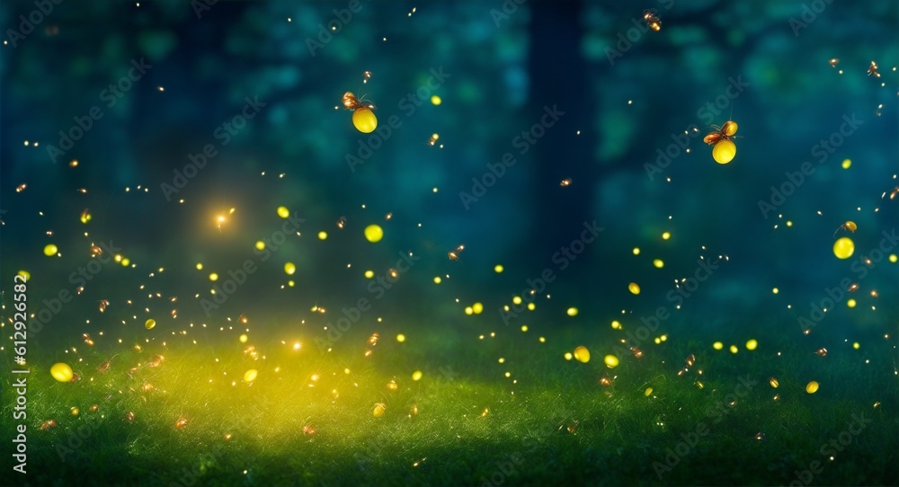Magical firefly field at night. Lightning bugs in an enchanted landscape. Abstract glowing wallpaper background, generative ai, ai - obrazy, fototapety, plakaty 