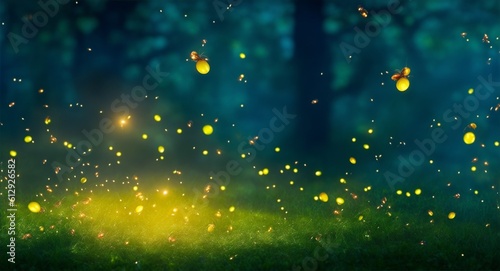 Magical firefly field at night. Lightning bugs in an enchanted landscape. Abstract glowing wallpaper background, generative ai, ai photo