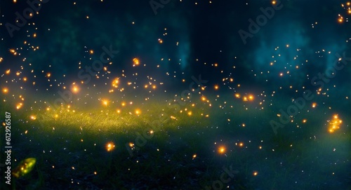 Magical firefly field at night. Lightning bugs in an enchanted landscape. Abstract glowing wallpaper background, generative ai, ai