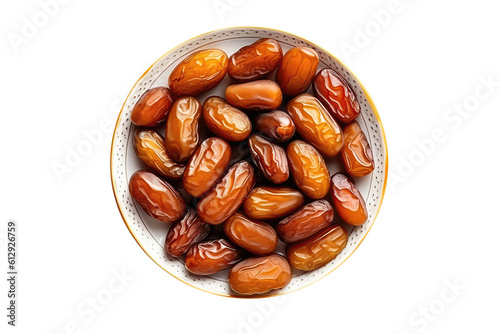 Plate With Dried Dates On An Isolated Transparent Background, Png, Top View. Generative AI