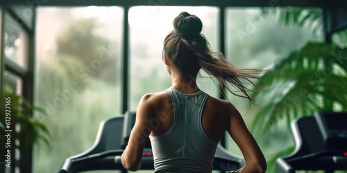 Girl running on a treadmill. Young woman running on treadmill in the fitness gym.