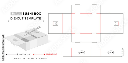 Sushi box die cut template with 3D blank vector mockup for food packaging