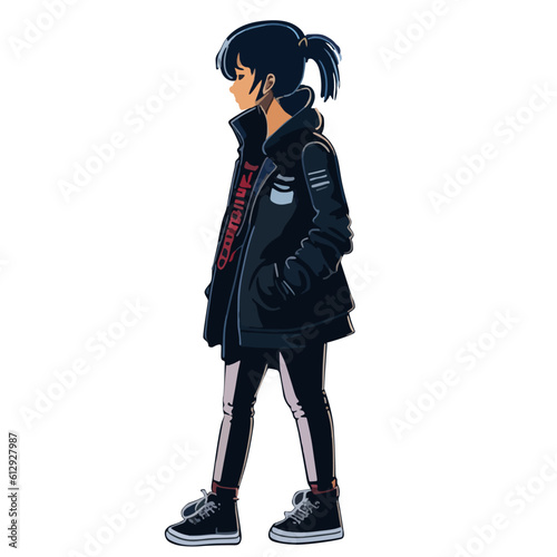 anime, cartoon girl walking alone, digital art, fantasy, Outdoor activity concept. Vector illustration, hacker concept, teen girl, person with gun