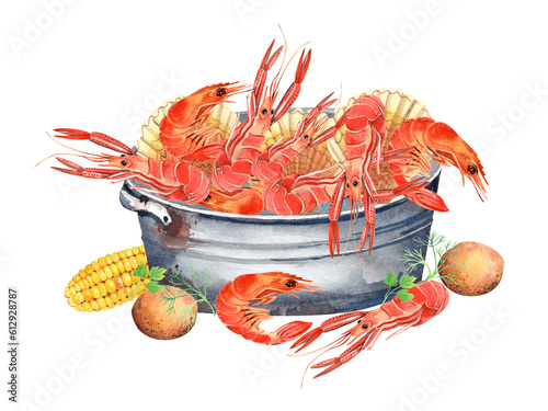 Seafood Crawfish Boil, Louisiana clipart, Shrimps, Fish, Beer, Squid Kitchen  Illustration, printable poster.  Isolated element on a white background. Hand painted in watercolor.