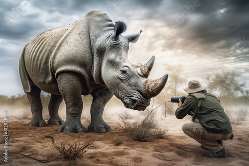 rhino in the wild and A wildlife photographer generative AI  © soysuwan123