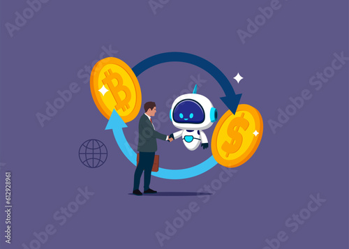 Businessman and robot shaking hand. Currency exchange. Bitcoin to dollar icon concept. Money conversion. Flat vector illustrations. 