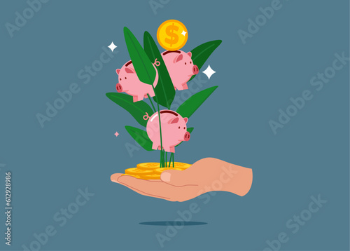 Businessman investor hand holding money flower plant from pile of coins and piggy bank. Financial and investment growth, increase earning profit, success in wealth management. Flat vector illustration