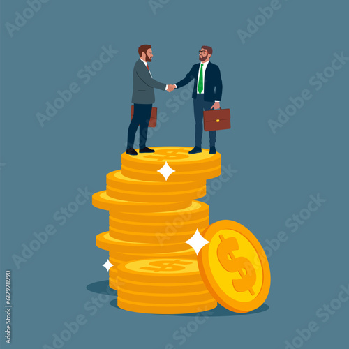 Handshake and Agreement. Business, Company, Funds, gold. Financial investments in creative projects and into innovation. Flat vector illustration.
