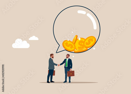 Handshake and Agreement. Business, Company, Funds, gold. Бизнес, компания, фонды, золото. Money talks, a speech bubble filled with metal dollar coins. Flat vector illustration