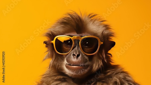 Funny monkey with sunglasses in front of yellow studio background. Generative AI © Unionproject