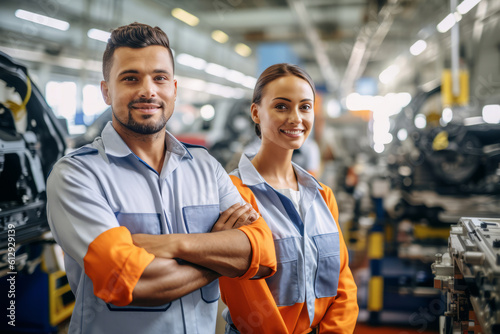 Cheerful mechanics standing in workshop . Created with AI