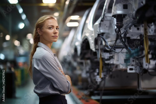Confident young woman standing in factory. Created with AI