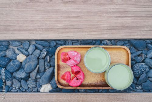 Matcha tea and mochi welcome drink set
