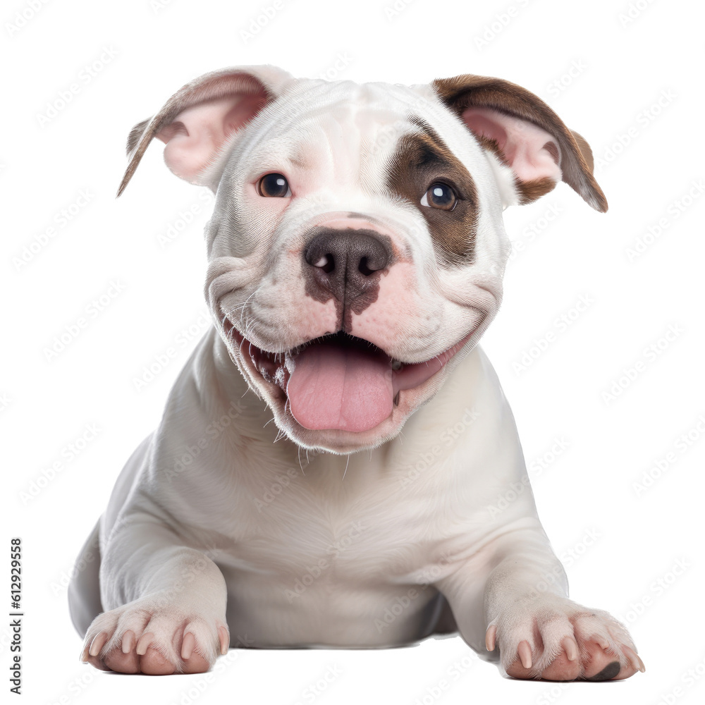 an adorable American Bulldog puppy, Portrait, happy, smiling, and fun, Pet-themed, photorealistic illustrations in a PNG, cutout, and isolated. Generative AI