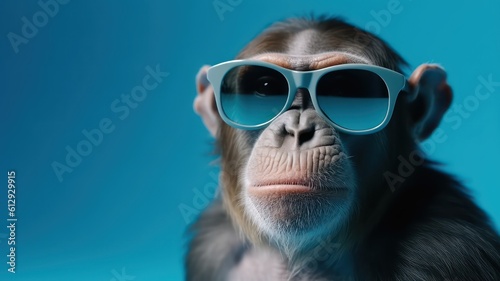 Funny monkey with sunglasses in front of blue studio background. Generative AI © Unionproject