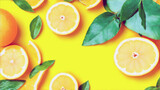 Przejdź do strony
|12Dalej
Summer tropical background with citrus fruits, leaves and mint leaves. Orange, lemon, lime on yellow background. Summer concept. Flat lay, top view, copy space, generative a
