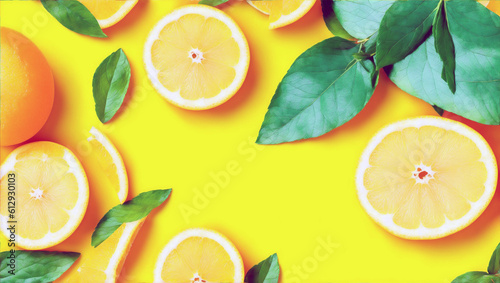 Przejdź do strony  12Dalej Summer tropical background with citrus fruits, leaves and mint leaves. Orange, lemon, lime on yellow background. Summer concept. Flat lay, top view, copy space, generative a