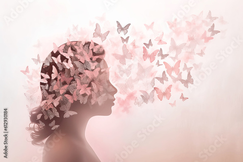 Delicate female profile and butterflies. Natural beauty, mental health and creativity. Generative AI illustration © colnihko