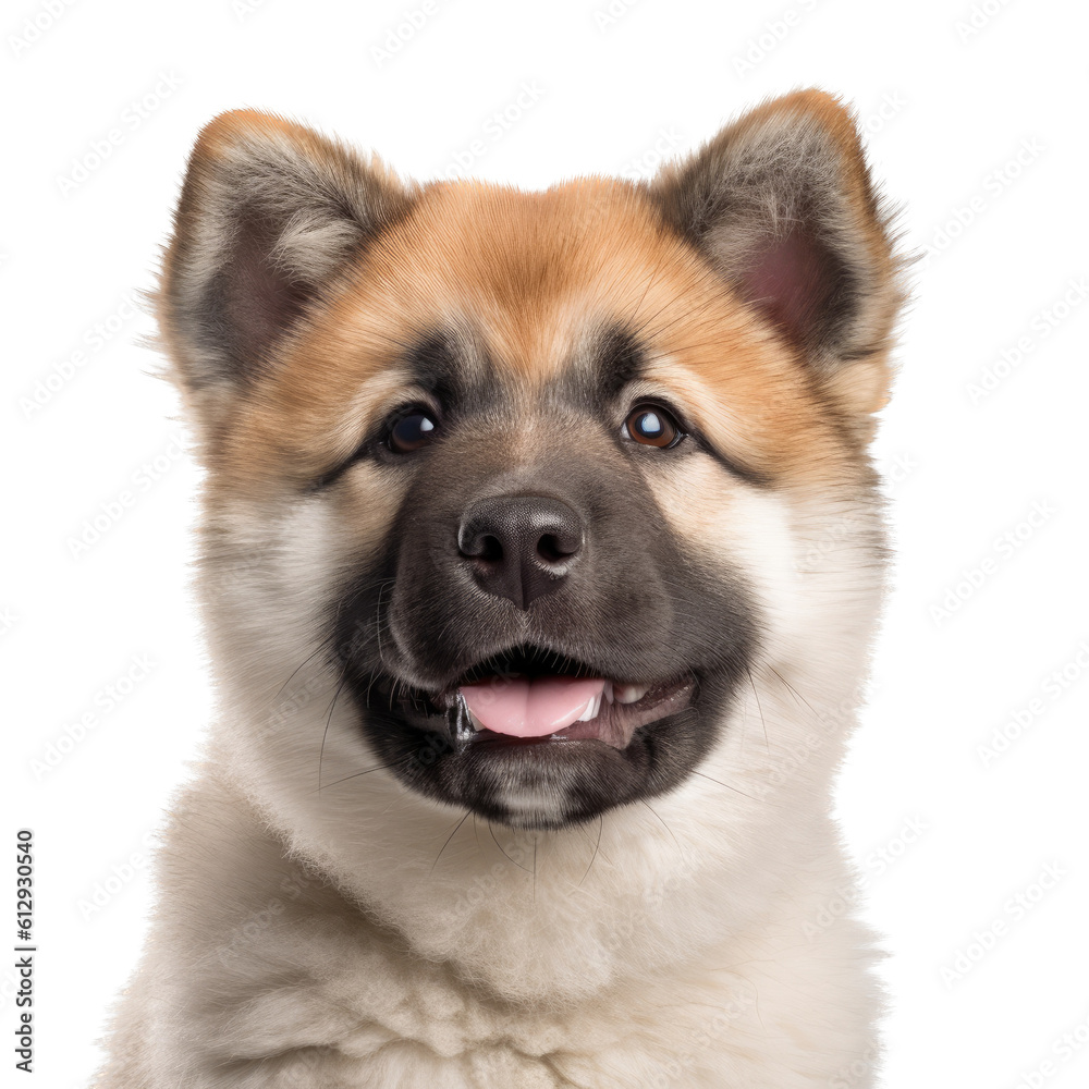 a cute Akita puppy, Portrait, happy, smiling and fun, Pet-themed, photorealistic illustrations in a PNG, cutout, and isolated. Generative AI