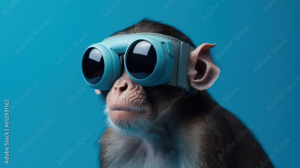 Funny monkey wearing vr in front of blue studio background. Generative AI