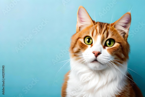 Manx cat on light blue background