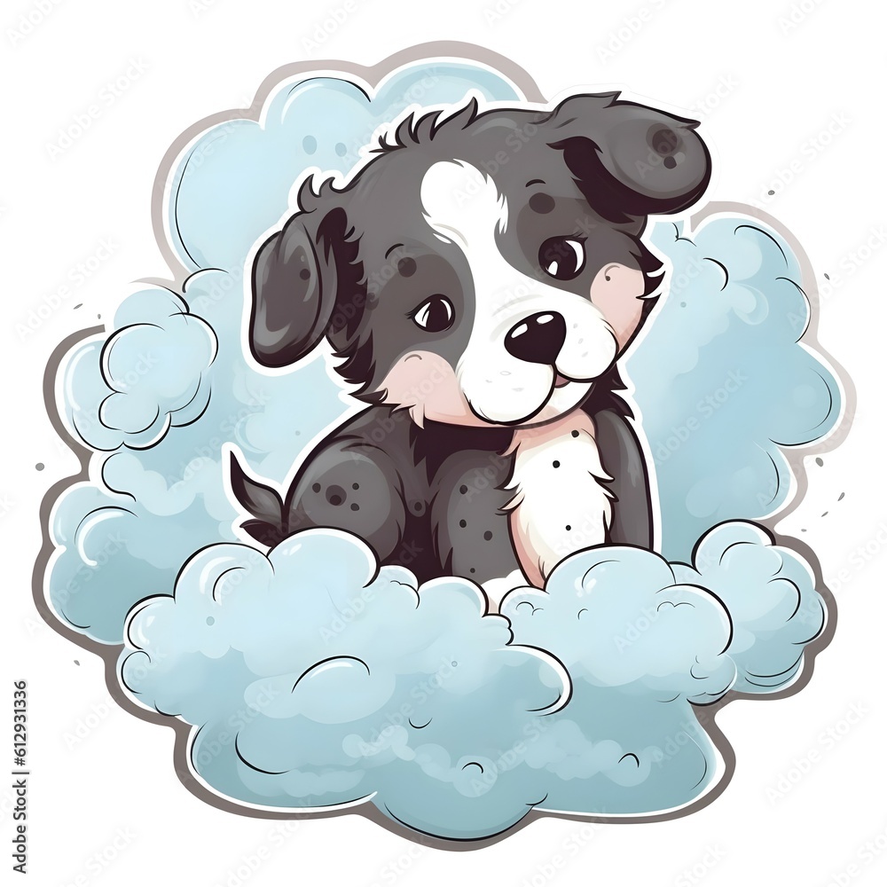 stiker perrito bebe ,cute border Collies, en una nube, dibujo, fantasia ...