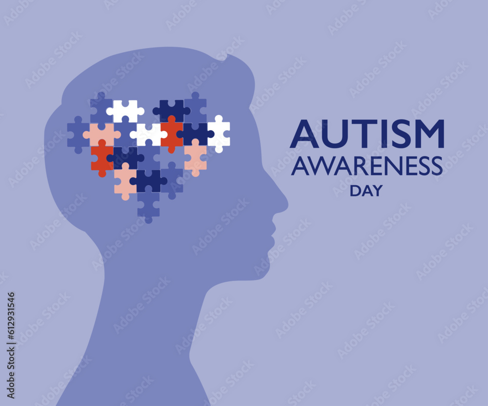 Autism awareness day illustration. Human head profile with heart shaped jigsaw puzzle symbol.