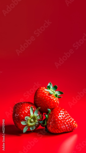 Ripe strawberry mockup and copy space with a red background, generative AI


