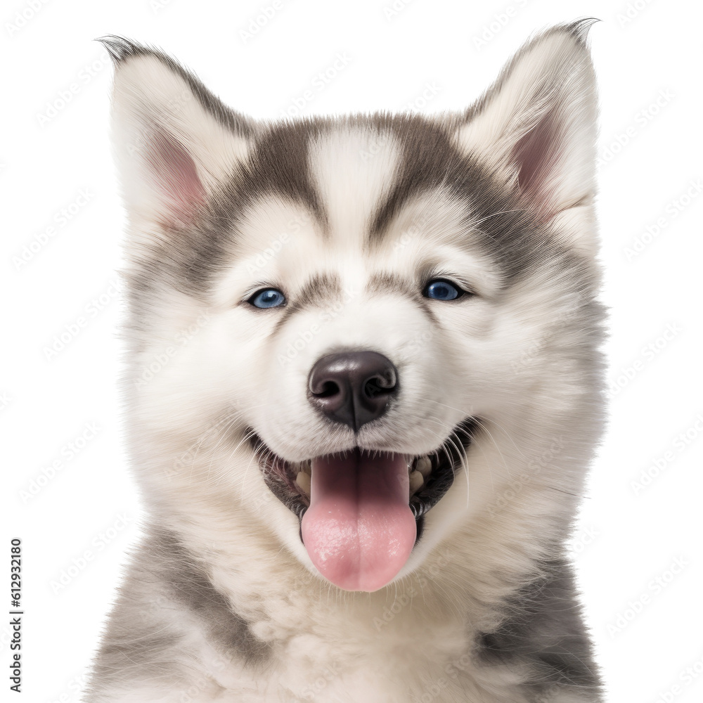 a cute American Malamute puppy, Portrait, happy, smiling, and fun, Pet-themed, photorealistic illustrations in a PNG, cutout, and isolated. Generative AI