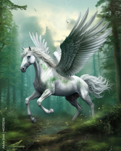 A majestic grey pegasus with its wings outstretched galloping across the emerald green Fantasy art concept. AI generation