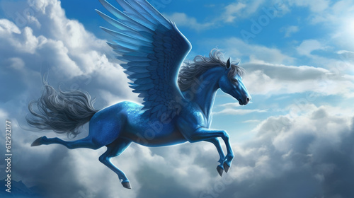 An azure pegasus in flight its wings shimmering in the starlight and its powerful Fantasy art concept. AI generation