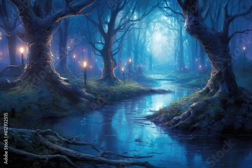 Winding rivers course through a dense forest leading the way towards a small pond. Fantasy art concept. AI generation © Justlight