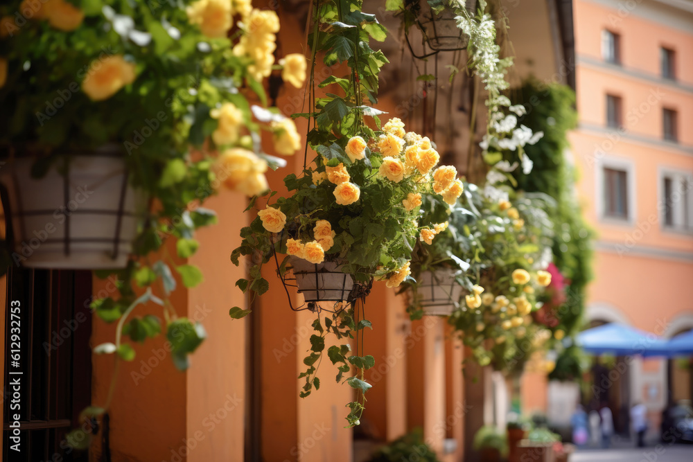 Yellow roses basket hanging on the side of a building