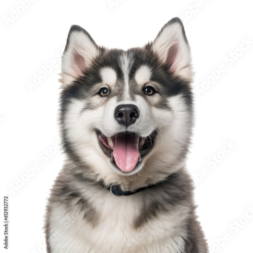 a cute American Malamute puppy  Portrait  happy  smiling  and fun  Pet-themed  photorealistic illustrations in a PNG  cutout  and isolated. Generative AI