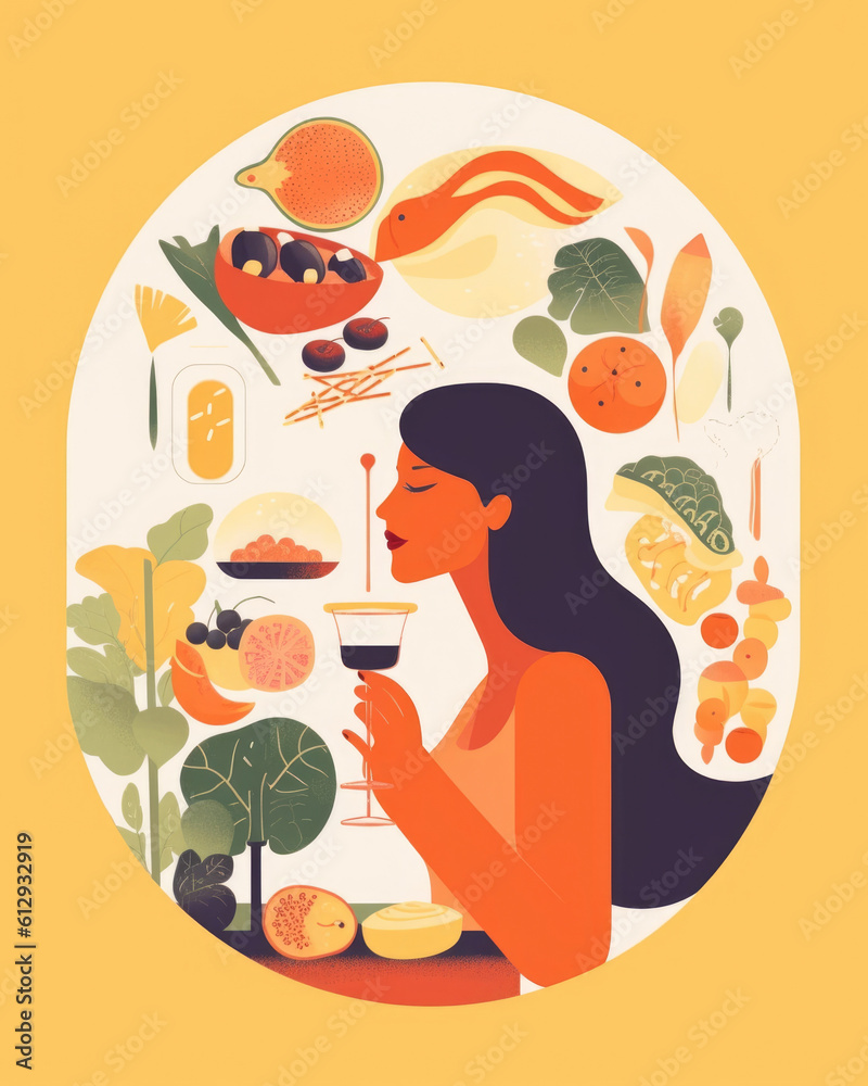 A person tasting a food and trying to identify the different ingredients it contains. Psychology art concept. AI generation A person tasting a food and trying to identify the different ingredients it contains. Psychology art concept. AI generation