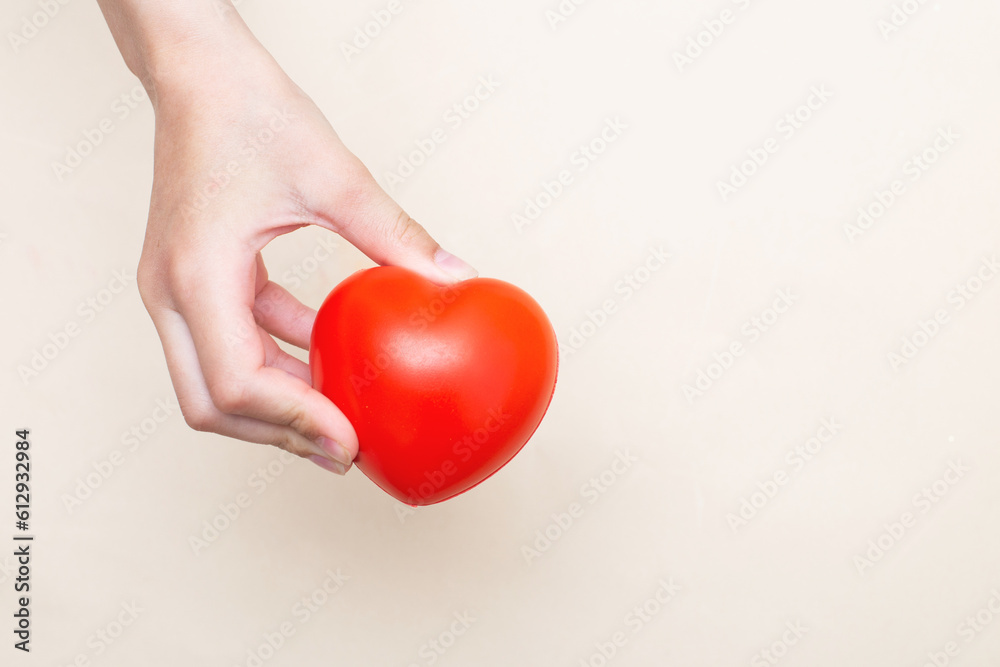 Obraz premium Children's hands holding a red heart as a simbol of care, love, support and protection