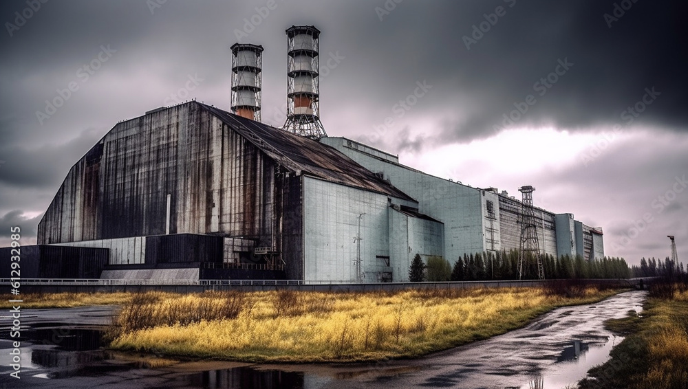 Obraz premium Nuclear power plant after sunset. Dusk landscape with big chimneys. cooling towers, power station