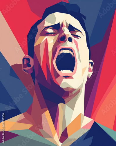 An ilration of an individual with a panicked expression on their face clutching their chest as if in pain. Psychology art concept. AI generation