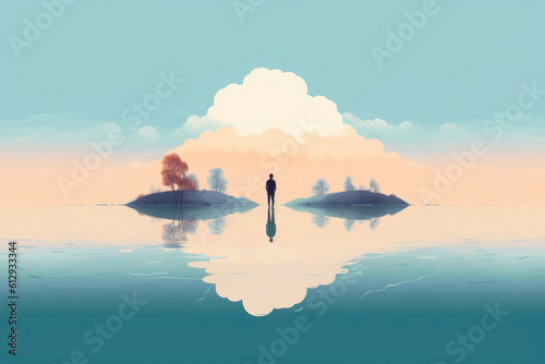 A person standing in the middle of a lake surrounded by the reflections of the sky in the water. Psychology art concept. AI generation