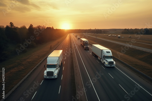 A row of semi trucks at the road in the sunset  transportation and logistics industry  - Generative Ai
