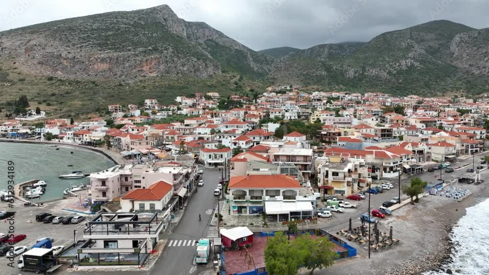 Aerial view of the medieval city of Monemvasia on rocky slopes in Laconia, east coast of Peloponnese, Greece Aerial view of the medieval city of Monemvasia on rocky slopes in Laconia, east coast of Peloponnese, Greece