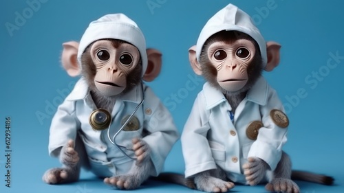Pictures of cute and adorable monkeys wearing doctor clothes on blue studio background. Generative AI