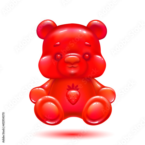 cute red jelly bear with  strawberry flavor on a white background. bright gummy animal candy. isolated vector illustration.