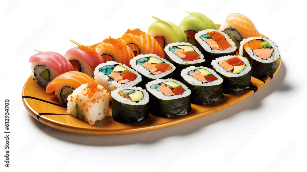 Sushi menu. Roll with salmon, avocado, cucumber. Japanese food. Created with Generative AI Sushi menu. Roll with salmon, avocado, cucumber. Japanese food. Created with Generative AI