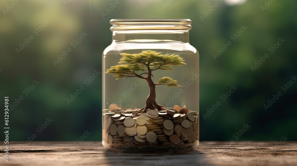 Glass jar filled with coins and a small tree growing on the top. Made with Generative AI. Glass jar filled with coins and a small tree growing on the top. Made with Generative AI.