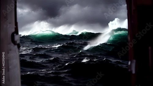 Ship in stormy sea massive waves
Large waves from Inside of Ship pov

 photo