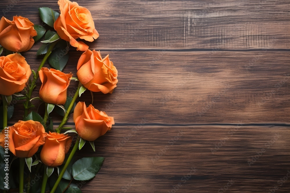 Red orange roses lie on the table, a background on which you can insert the desired text