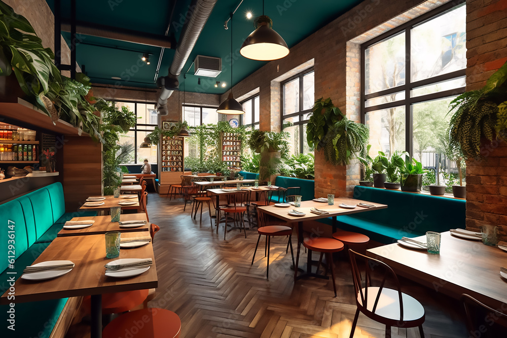 Elegant green interior of restaurant with sleek furniture and flooring.